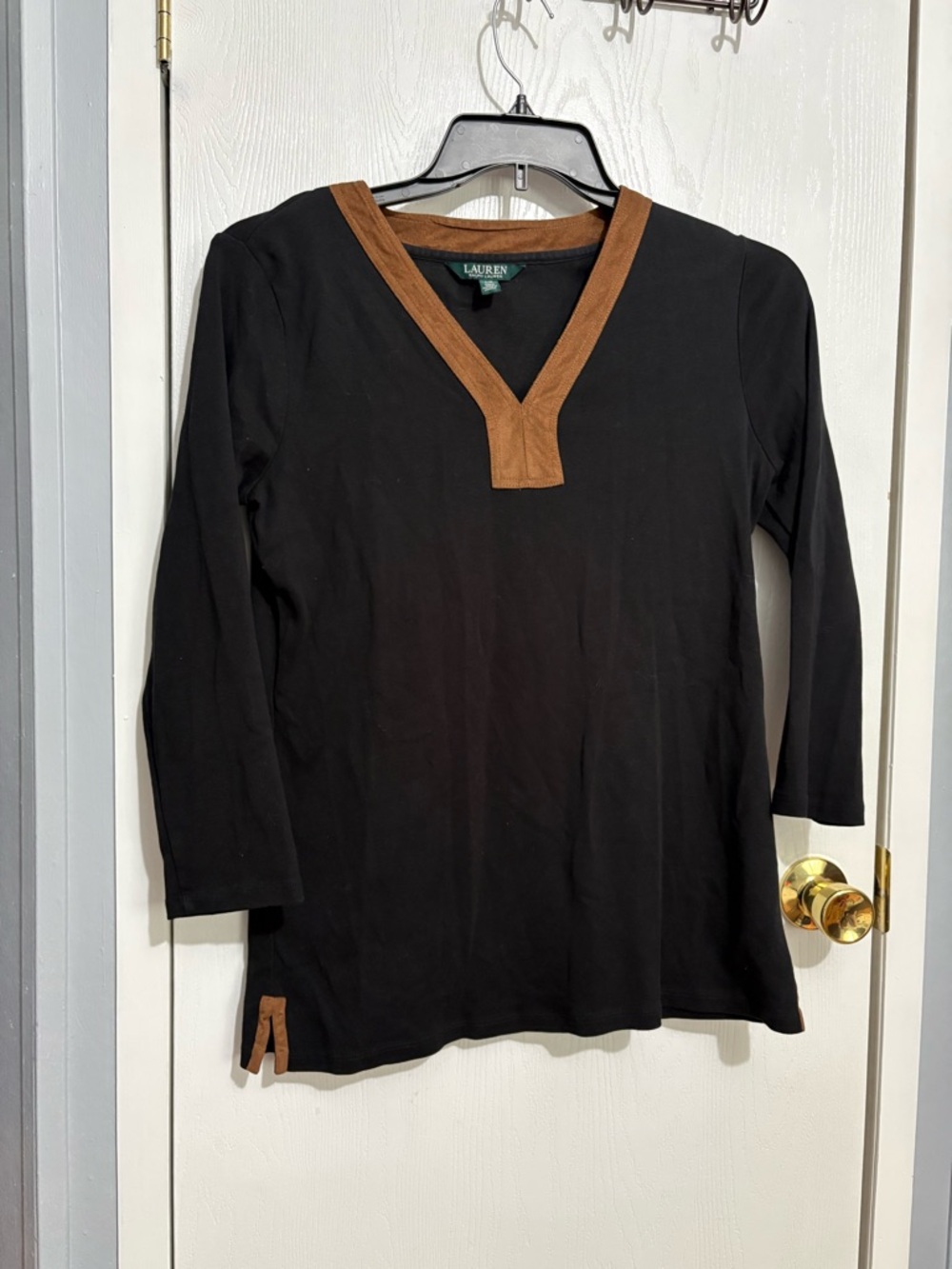 Lauren Ralph Lauren Black V-Neck Top with Brown Trim Large